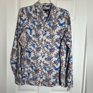 Lands End Blue and Brown Bird Print Long Sleeve Button Down Size 16T
